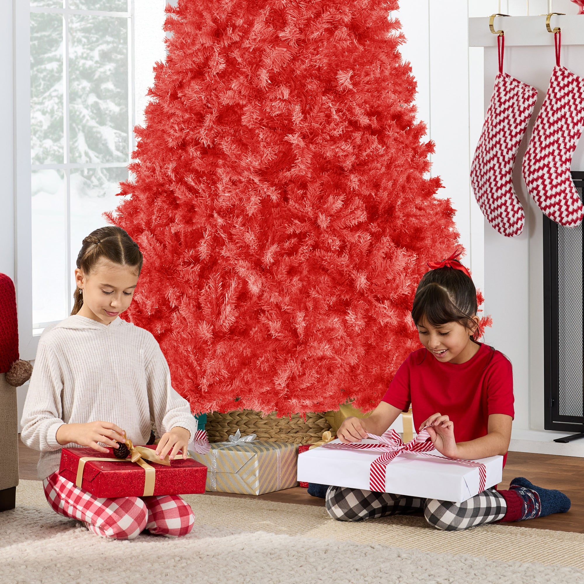 Artificial Red Christmas Tree Unlit Pine Design w/Easy Assembly