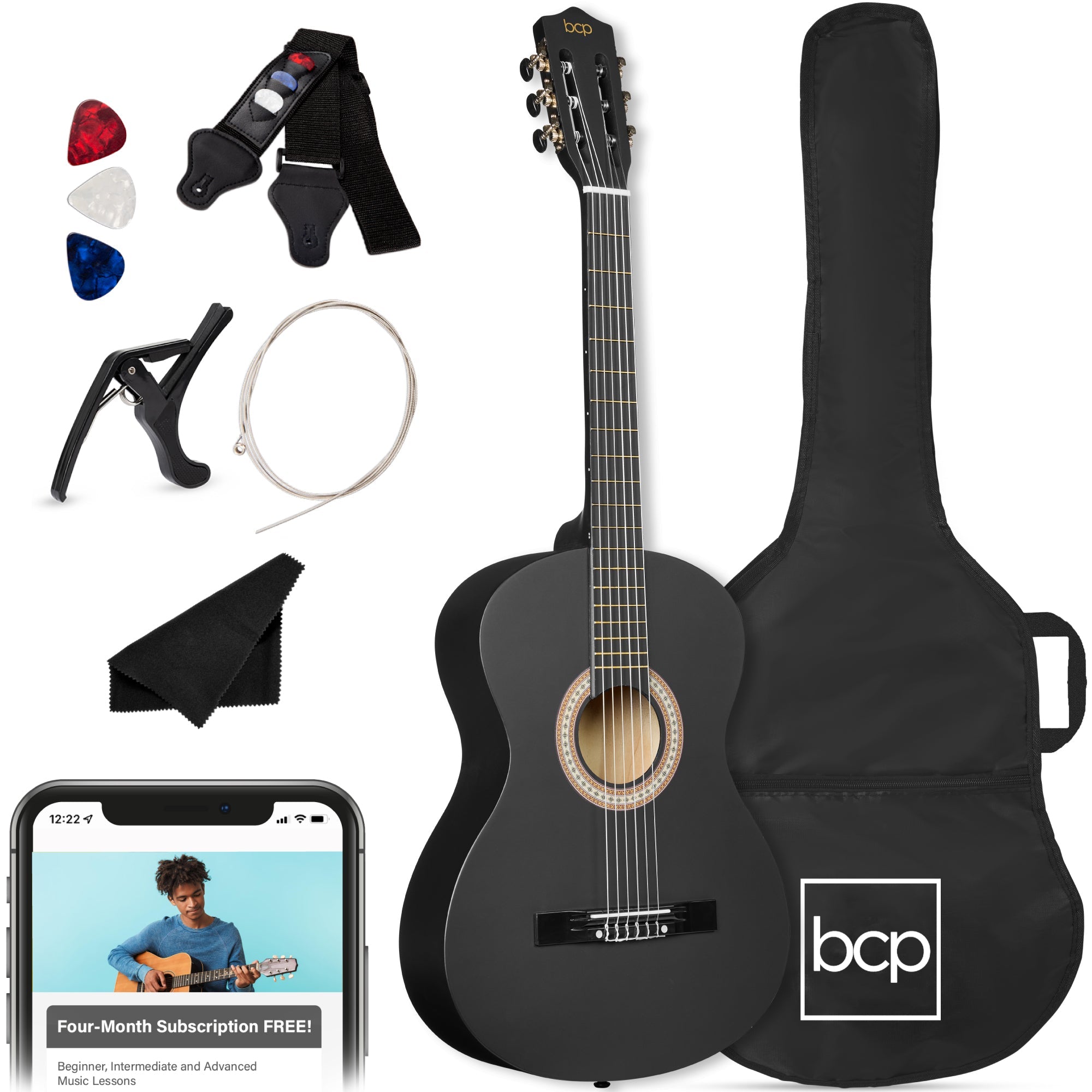 Beginner Acoustic Guitar Set w/ Case Strap Extra Strings - 38in