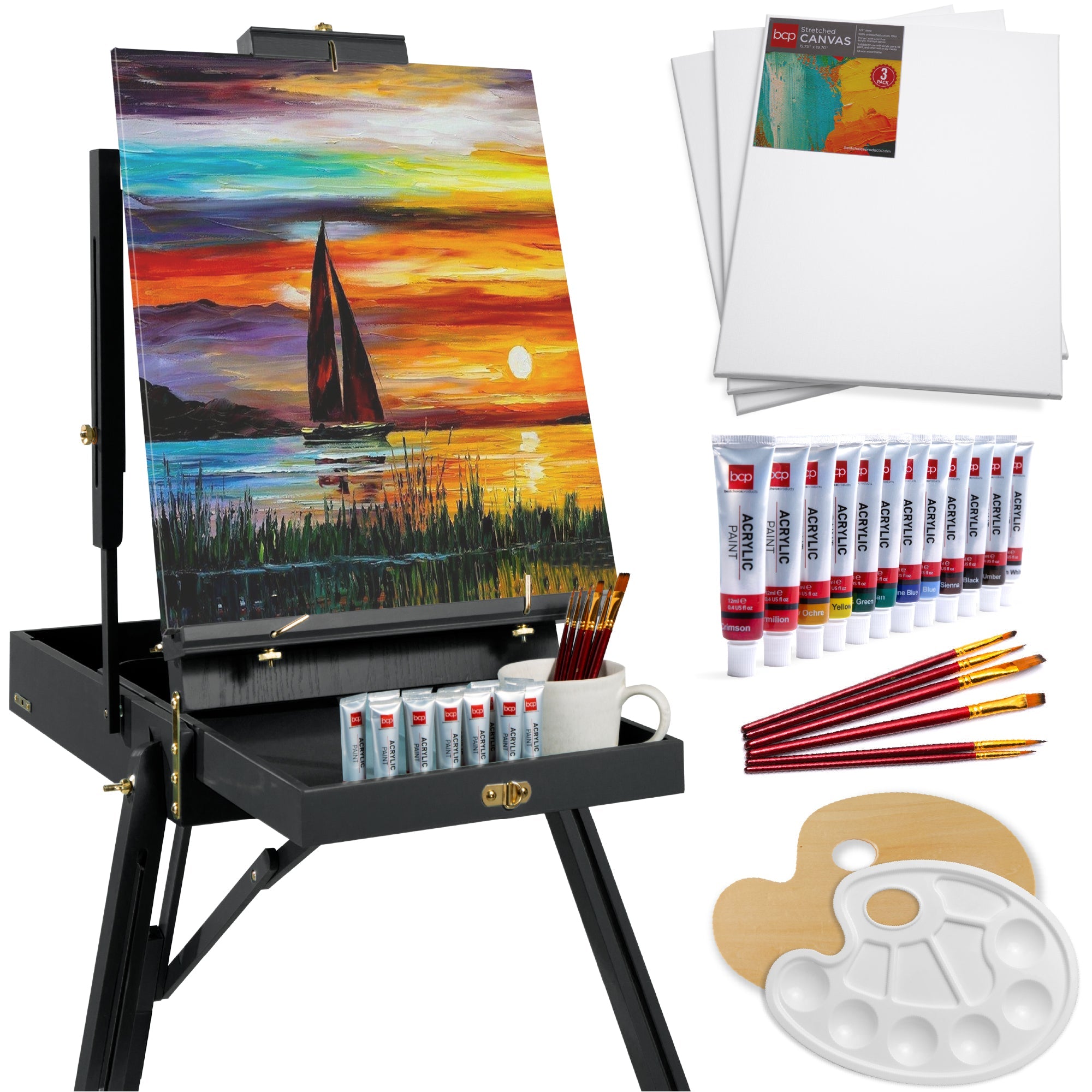 Art Easel for Painting Portable Adjustable Tripod with 32-Piece Art Set