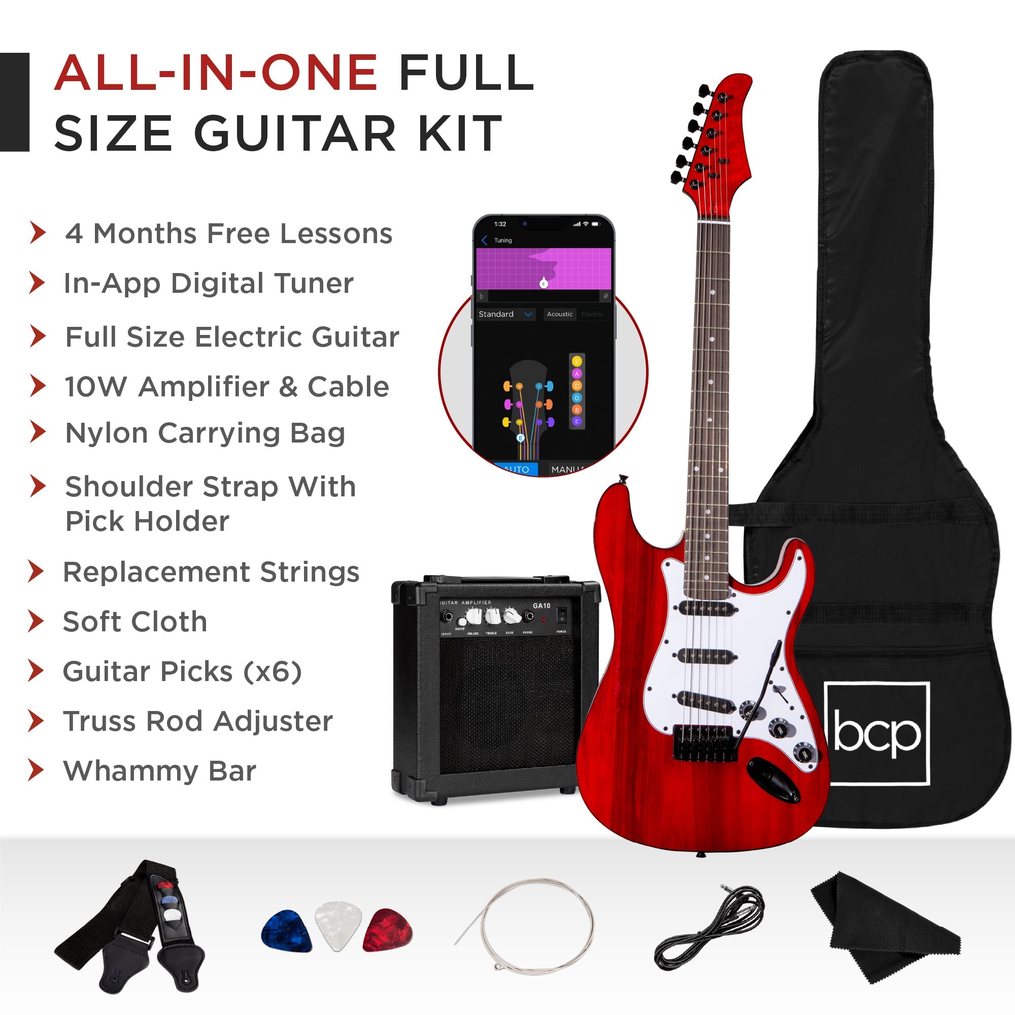 Beginner Electric Guitar Kit w/ Case 10W Amp Tremolo Bar - 39in
