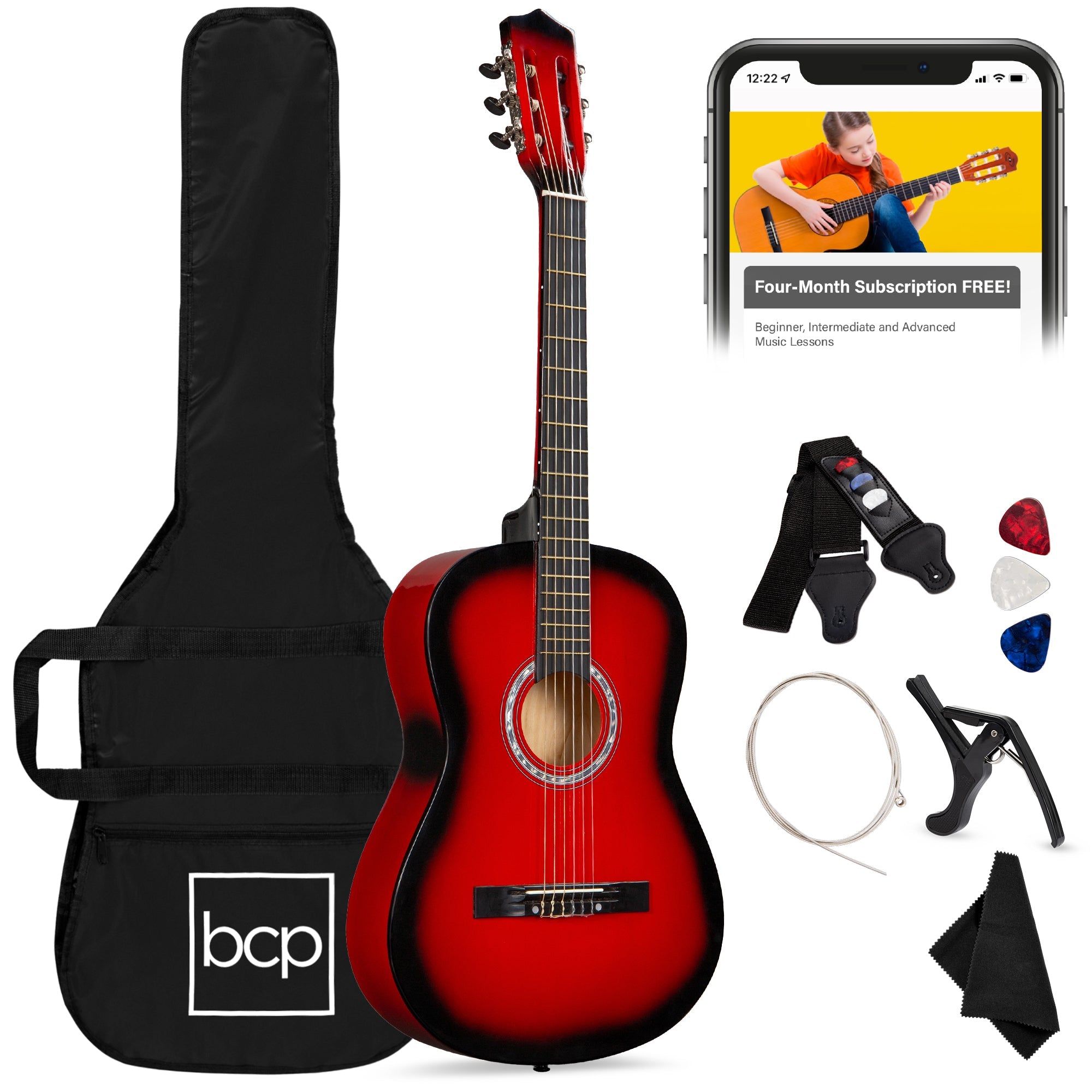 Beginner Acoustic Guitar Set w/ Case Strap Extra Strings - 38in