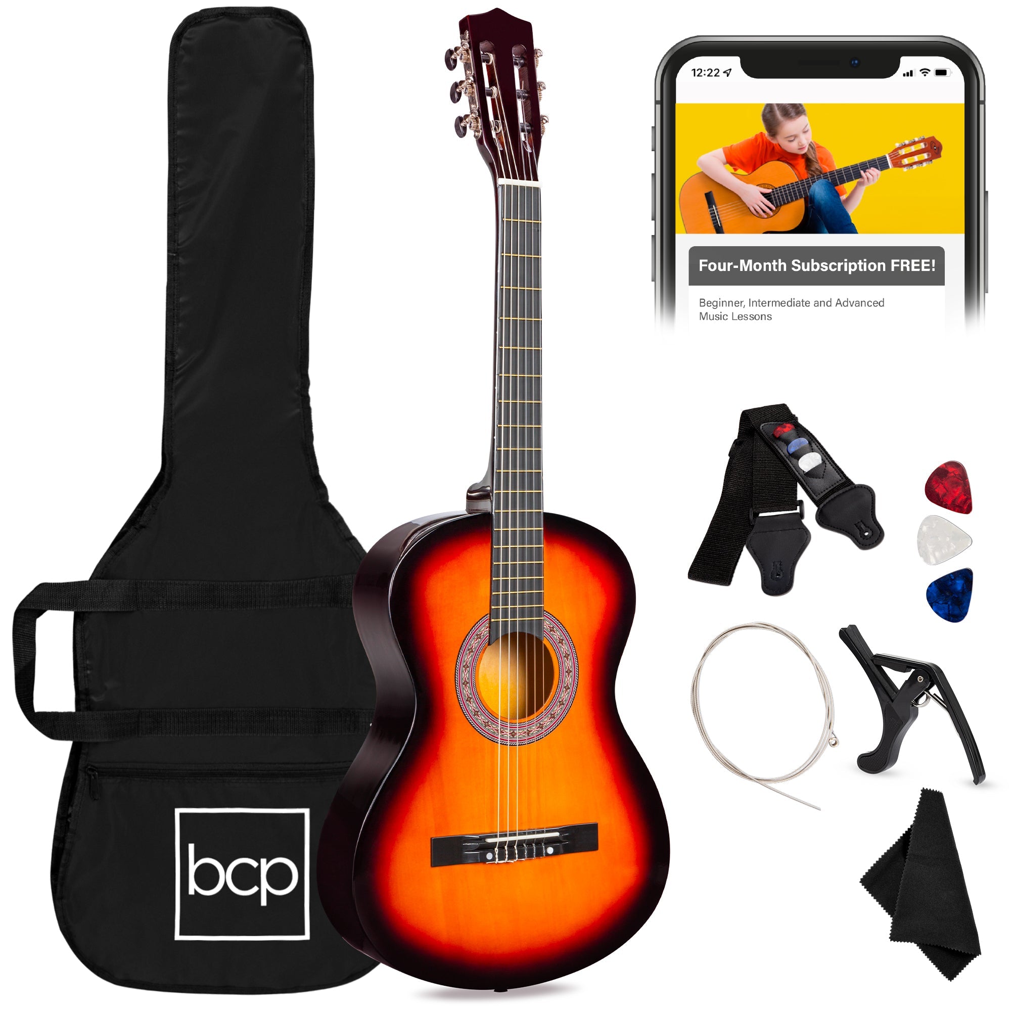 Beginner Acoustic Guitar Set w/ Case Strap Extra Strings - 38in