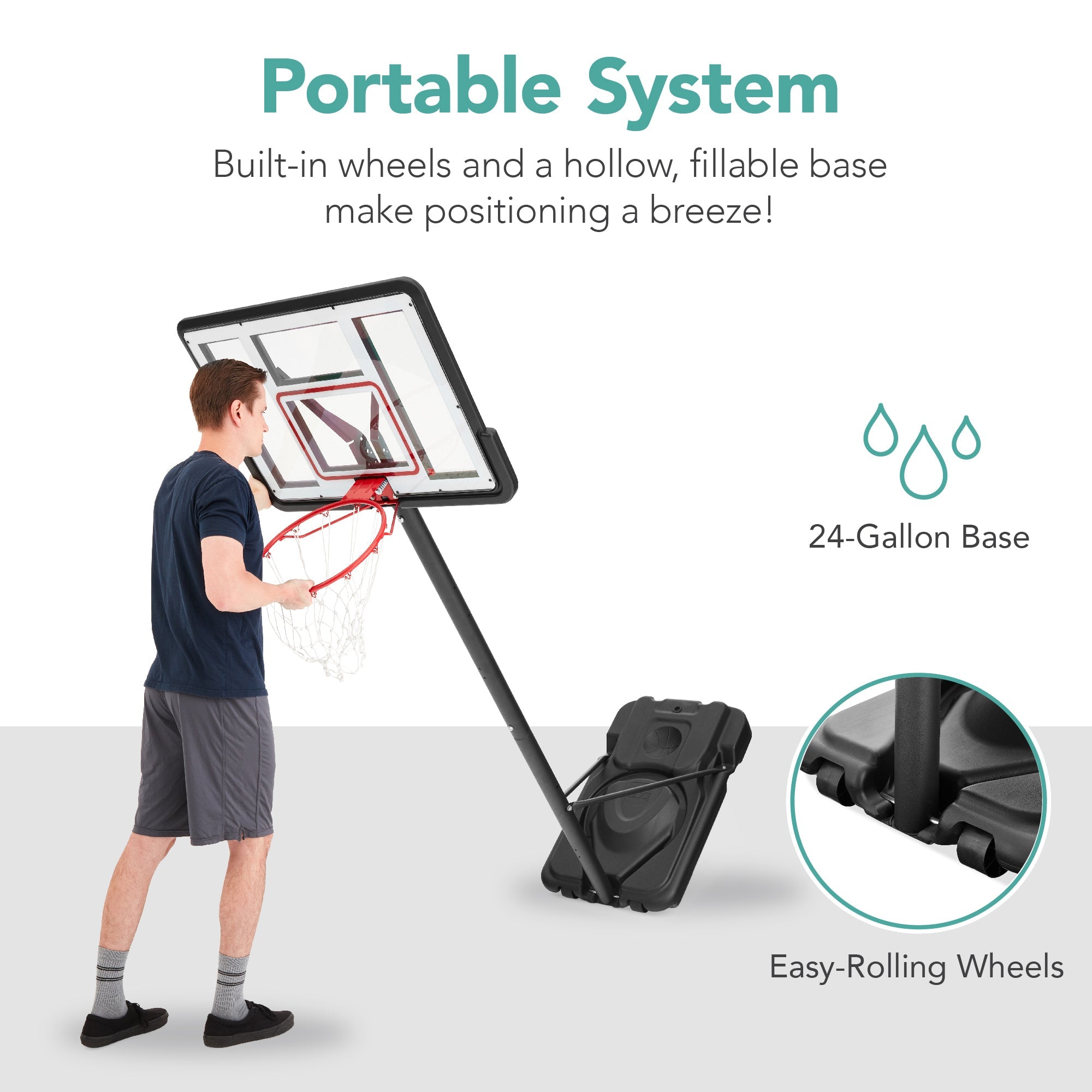 Adjustable Regulation-Size Basketball Hoop w/ Fillable Base 2 Wheels