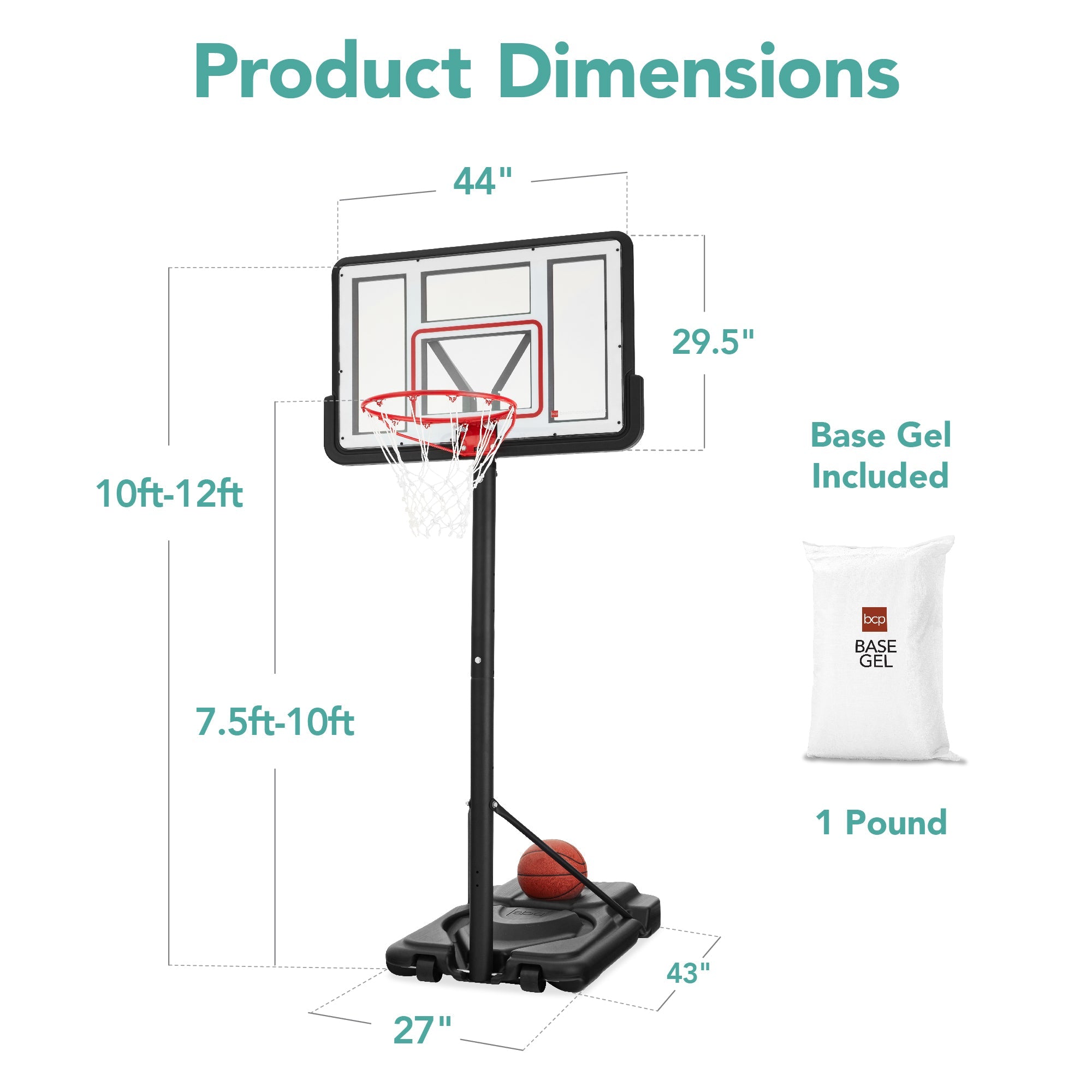Adjustable Regulation-Size Basketball Hoop w/ Fillable Base 2 Wheels