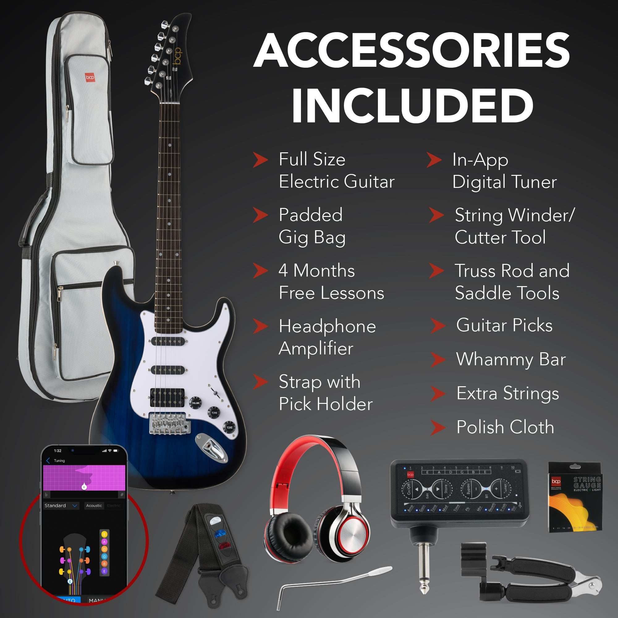 Beginner Electric Guitar Kit w/ Headphone Amp Padded Gig Bag Headphones