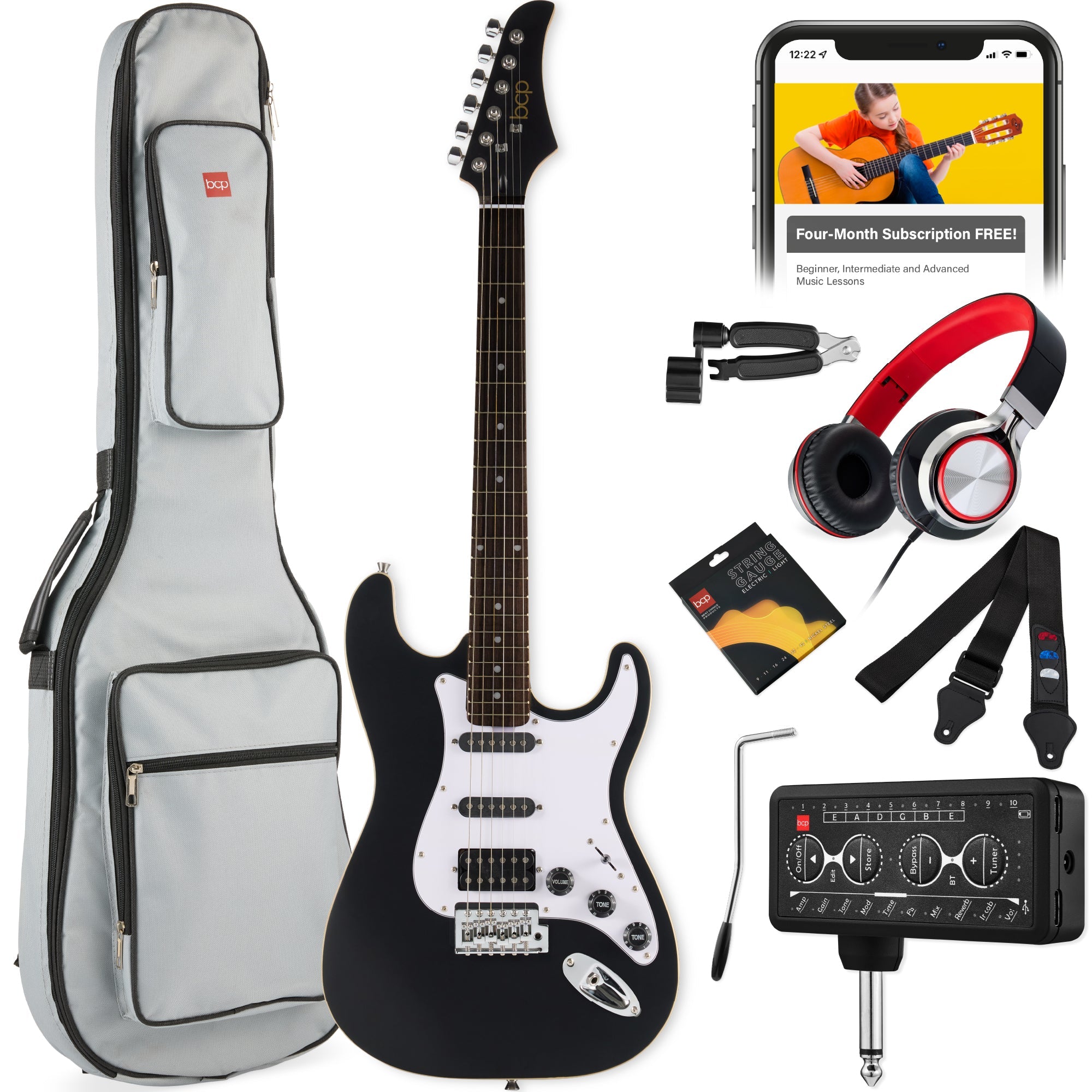 Beginner Electric Guitar Kit w/ Headphone Amp Padded Gig Bag Headphones