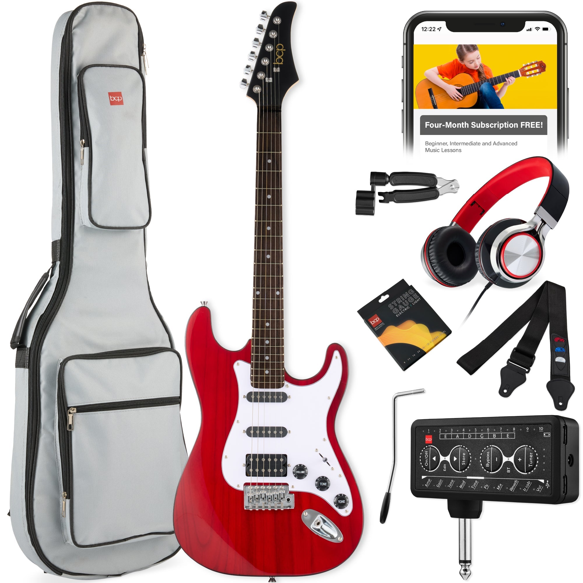 Beginner Electric Guitar Kit w/ Headphone Amp Padded Gig Bag Headphones