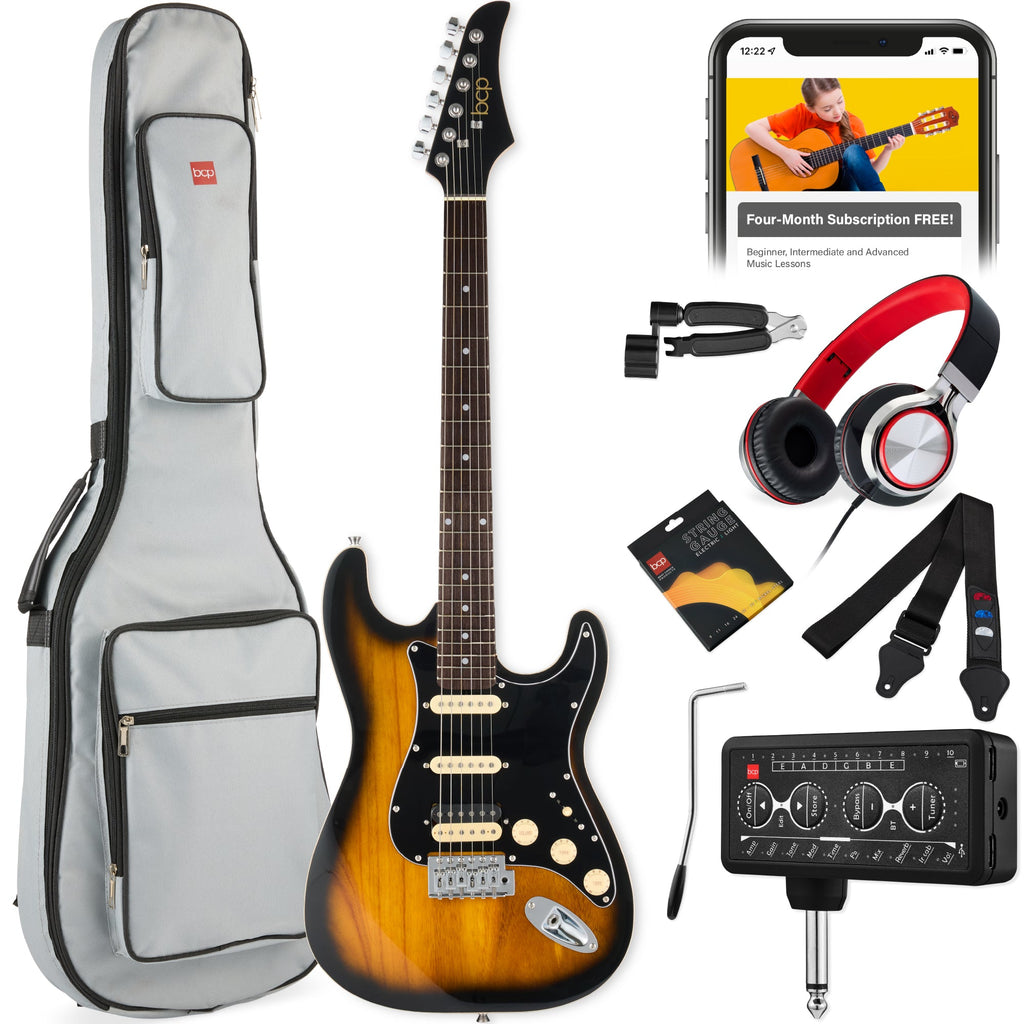 Beginner Electric Guitar Kit w/ Headphone Amp Padded Gig Bag Headphones