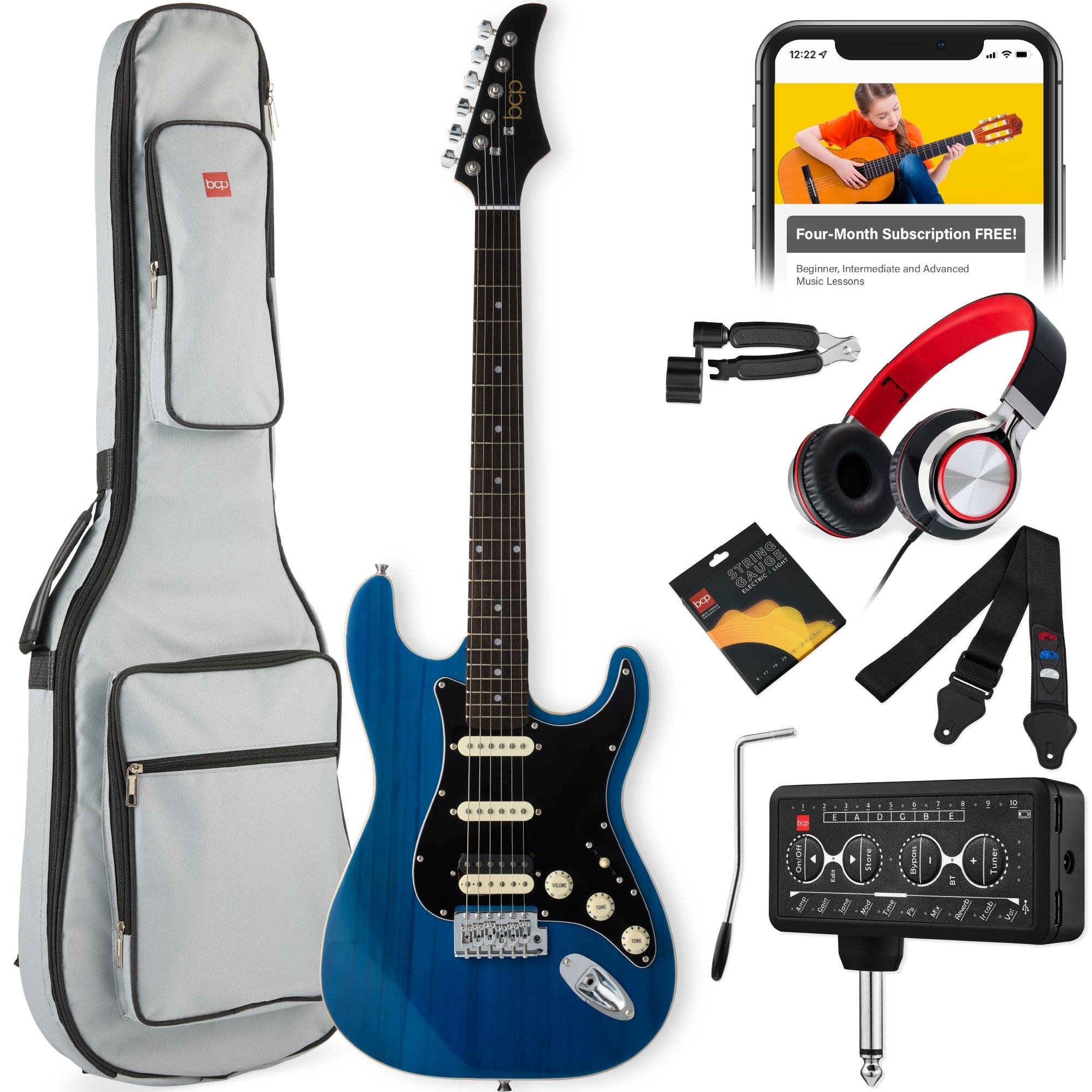Beginner Electric Guitar Kit w/ Headphone Amp Padded Gig Bag Headphones