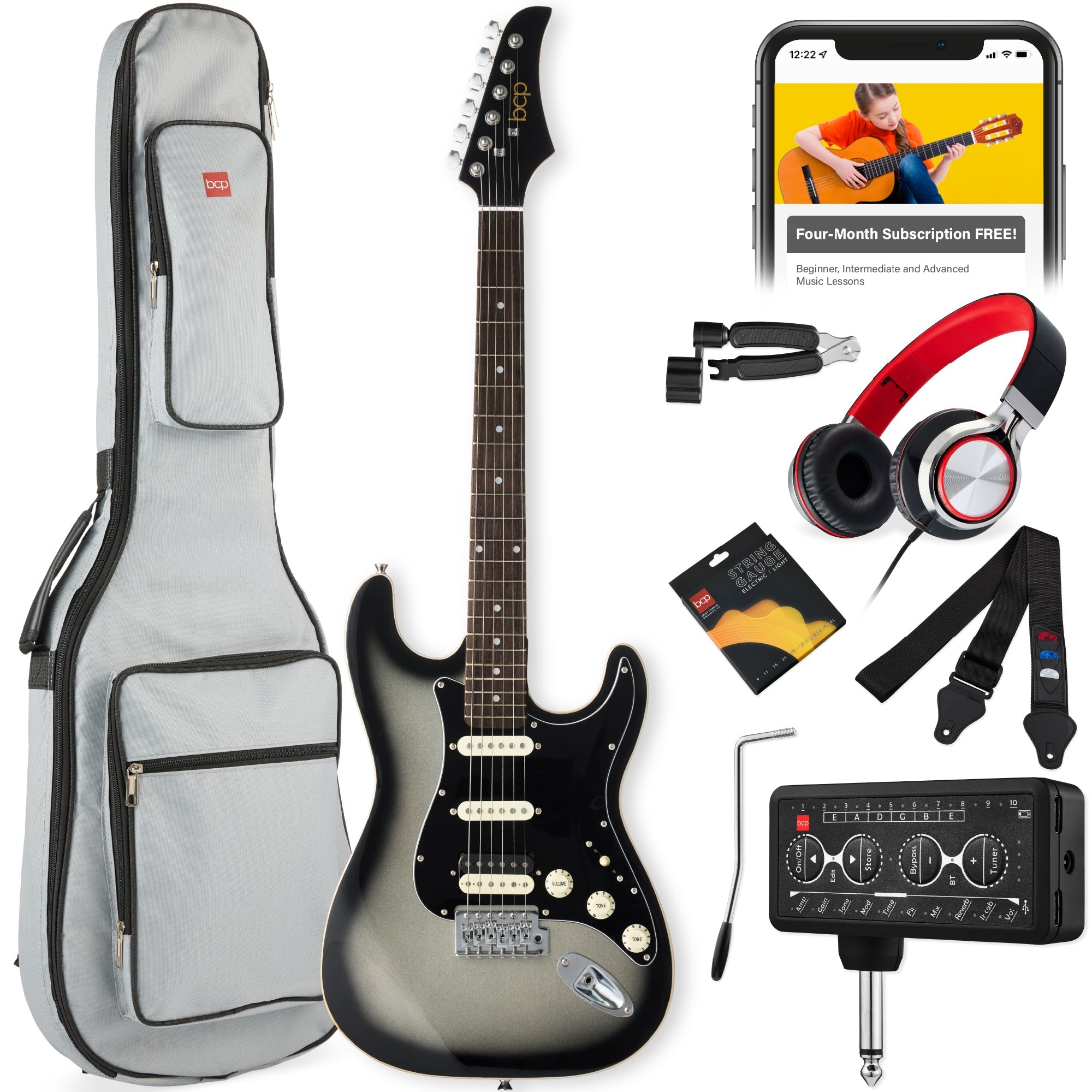 Beginner Electric Guitar Kit w/ Headphone Amp Padded Gig Bag Headphones