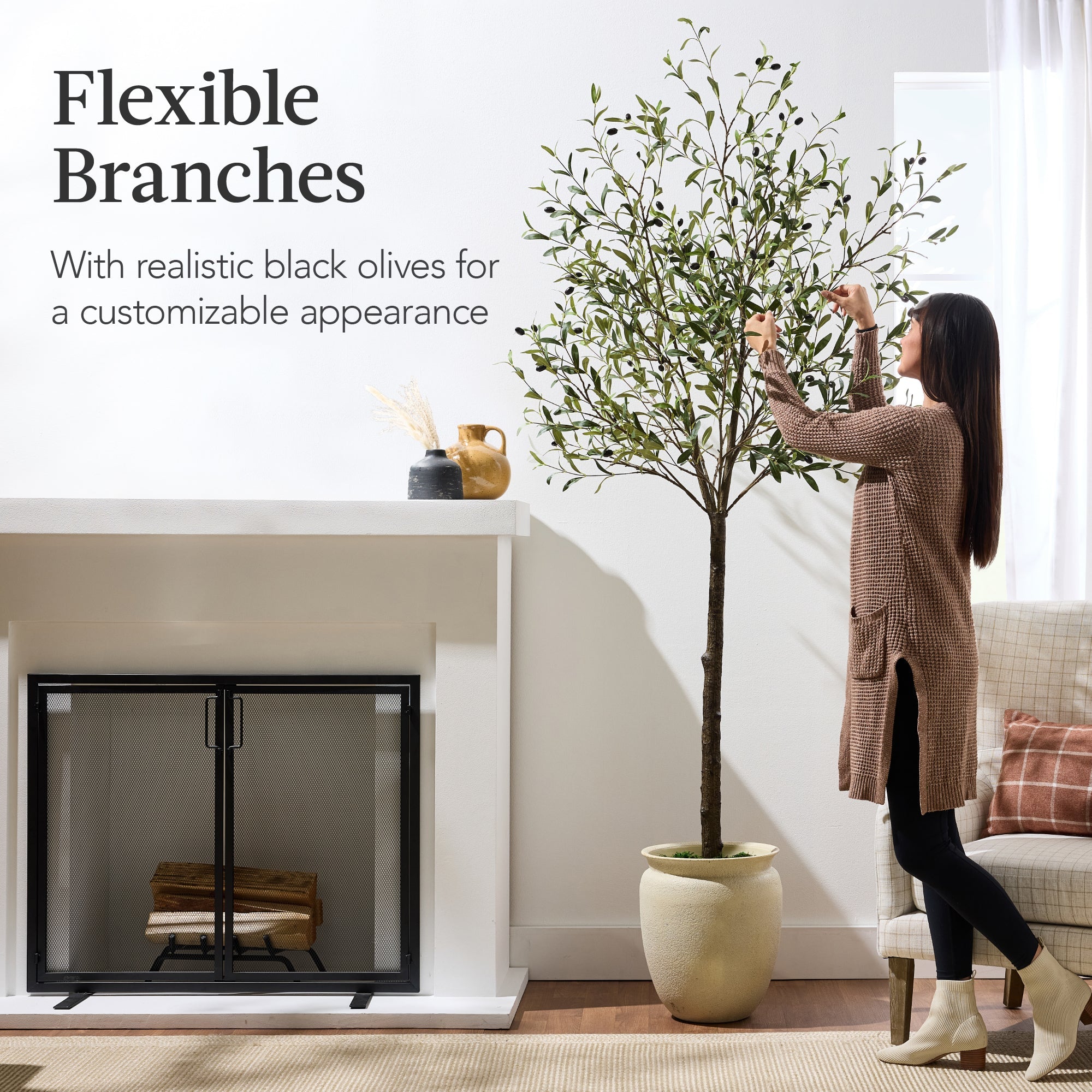 Artificial Olive Tree Lifelike Faux Tree w/ White Pot Decorative Olives